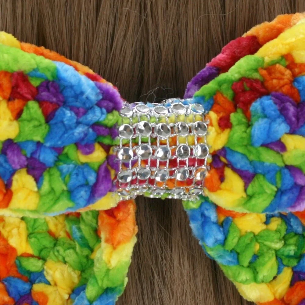 HAND CRAFTED Hair Bow Kids Crochet Chenille Velvet Hair Barrette Rainbow